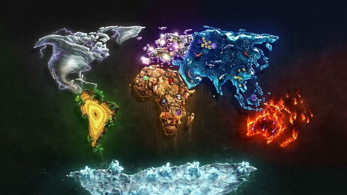 Elemental World Map with Tornado, Fire, Ice, and Earth