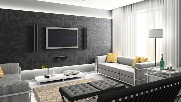 Modern Living Room with Damask Wallpaper