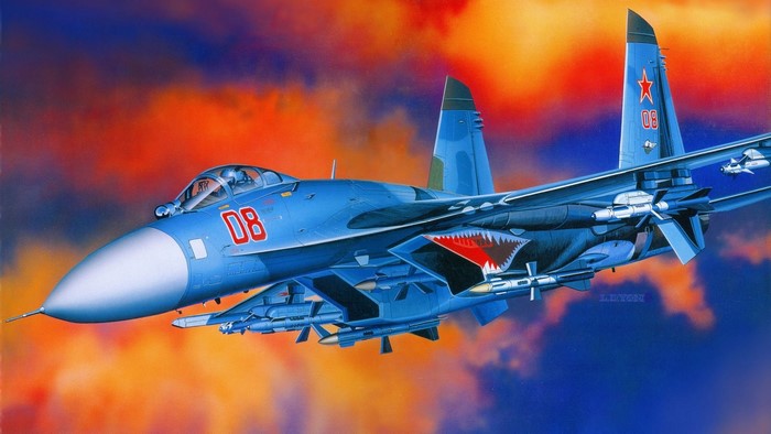 Blue Su-27 fighter jet with shark mouth