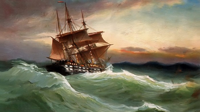 Painting of a tall ship sailing through rough seas