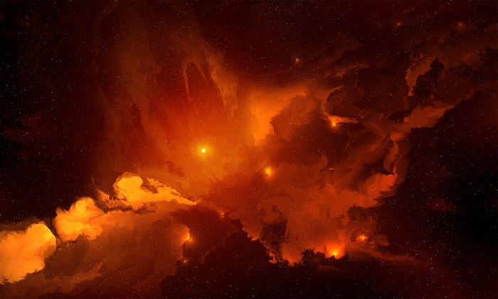 Orange nebula with stars and bright celestial bodies