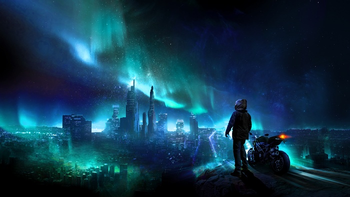Person with motorcycle overlooking futuristic city under aurora