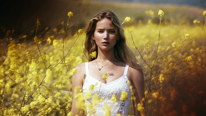 Jennifer Lawrence in a field of yellow flowers