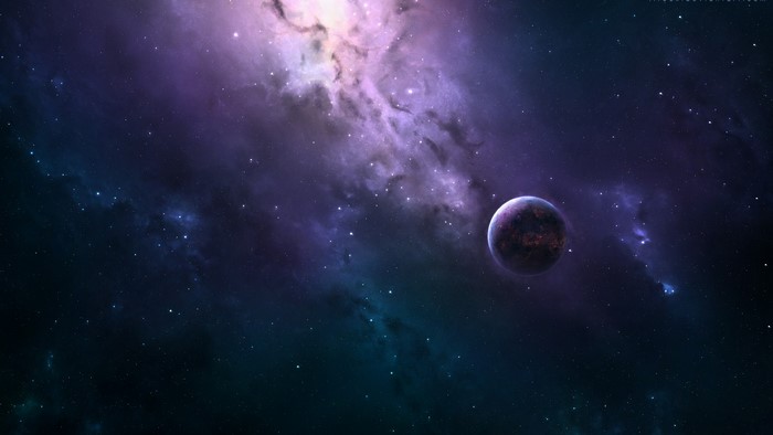 Purple and blue nebula with a planet