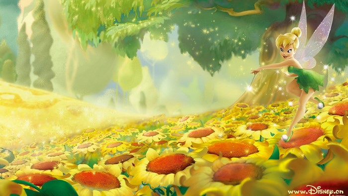 Tinkerbell from Disney in a field of sunflowers