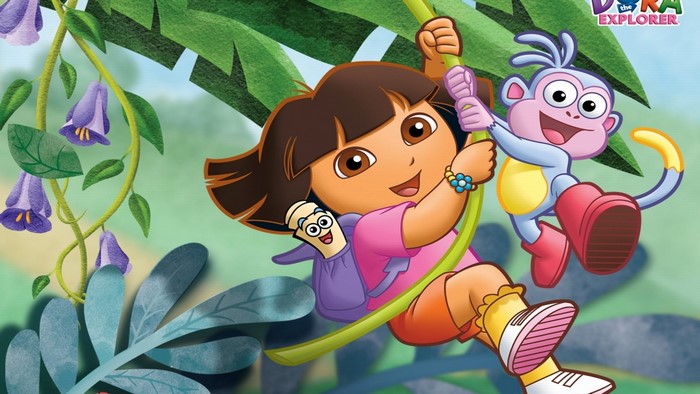 Dora the Explorer and Boots swinging on a vine