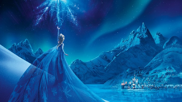 Elsa from Frozen creating magic in a snowy landscape