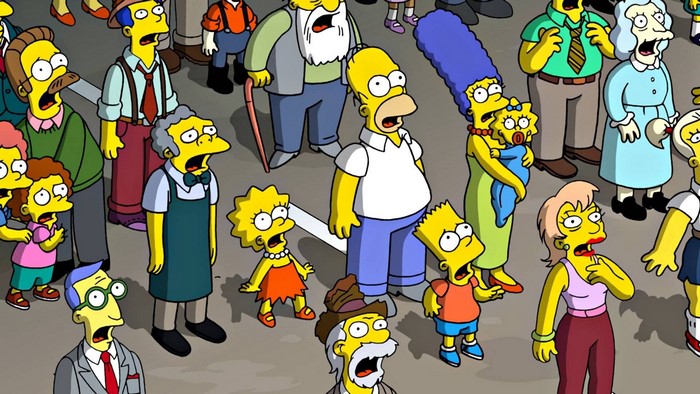 The Simpsons characters in a crowd