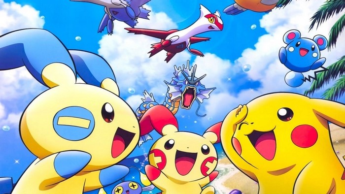 Pokemon characters including Pikachu, Plusle, Minun, Latias, and Gyarados
