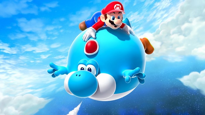 Mario riding a blue Yoshi in the sky