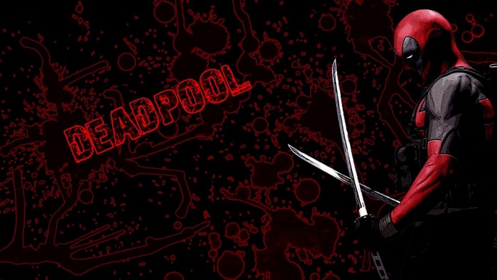 Deadpool with swords on a red and black background