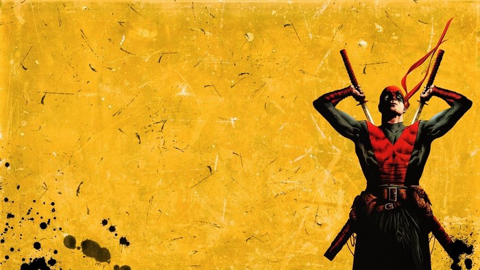 Deadpool with swords on yellow background