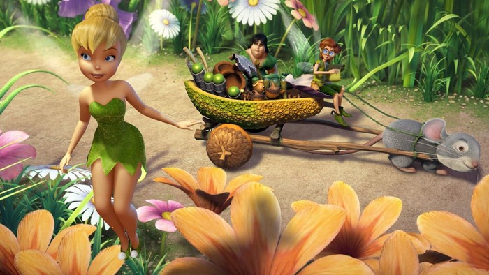 Tinkerbell and friends pulling a cart with a mouse