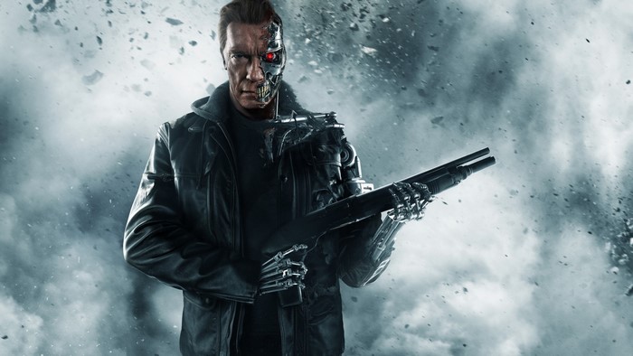 Arnold Schwarzenegger as Terminator holding a shotgun
