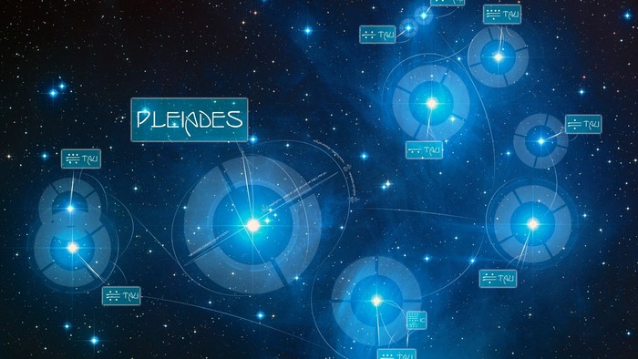 Pleiades star cluster map with celestial bodies