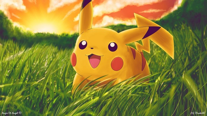 Pikachu from Pokemon in a grassy field at sunset
