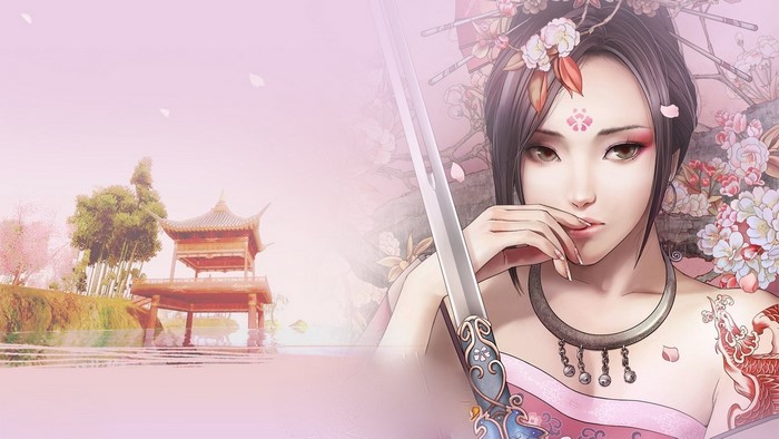 Woman with sword and traditional Japanese pagoda