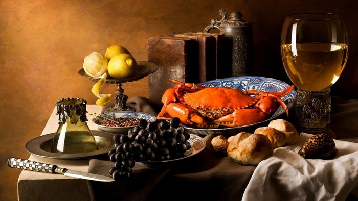 Still life with crab, fruit, bread, and wine