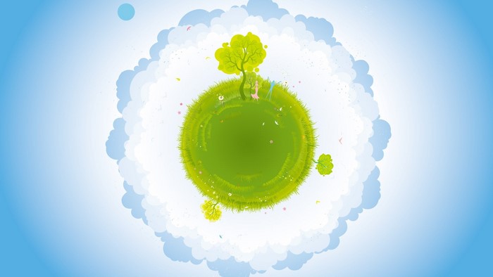 Green planet with trees and clouds