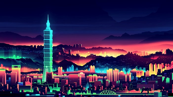 Neon Cityscape with Tall Skyscraper at Night