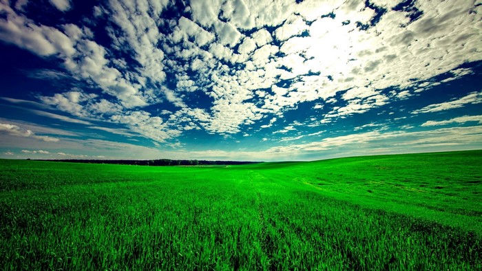 Green landscape with blue sky and clouds
