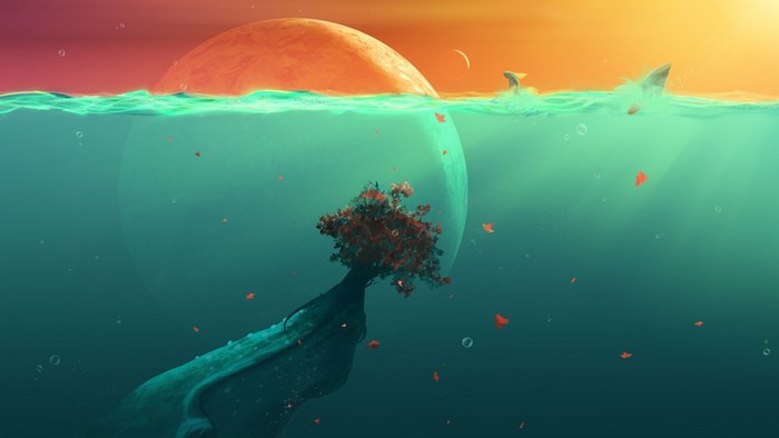 Surreal underwater scene with planet and tree