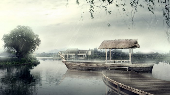 Rainy day by a lake with a boat and gazebo