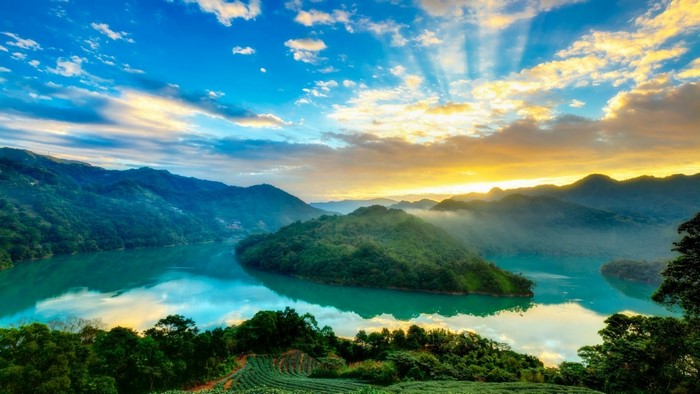 Mountain River Scenery with Sunrise