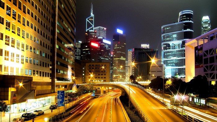 Hong Kong City at Night with Traffic