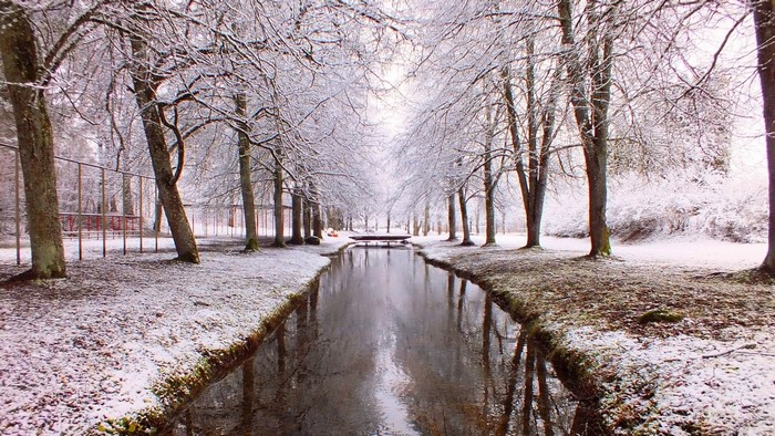 River path lined with snow-covered trees and a bridge