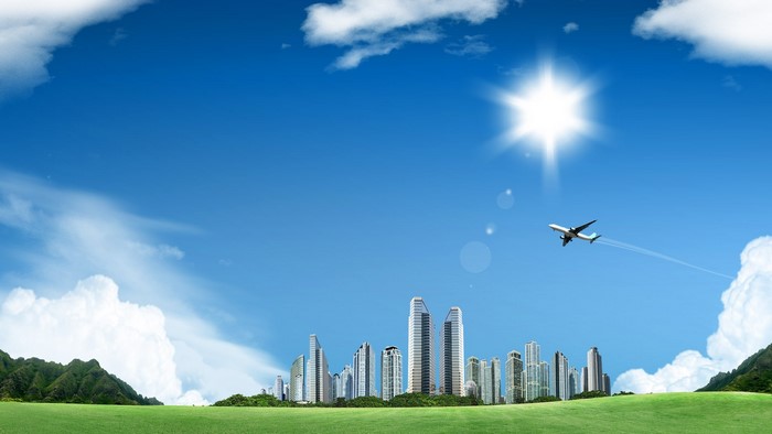 Future Cityscape with Airplane and Mountains