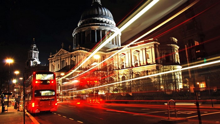 London City Street at Night with Double-Decker Bus