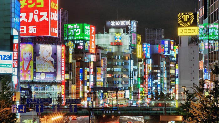 Tokyo City Street at Night with Neon Signs