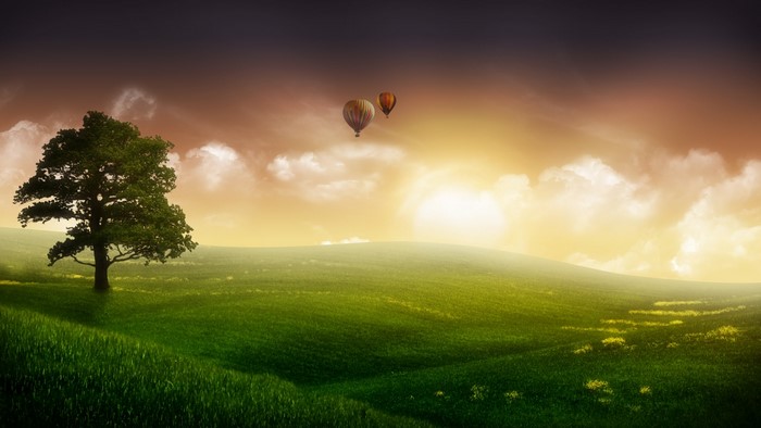 Hot air balloons over a green landscape at sunset