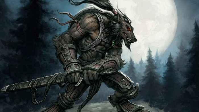 Werewolf warrior with sword in forest under moon
