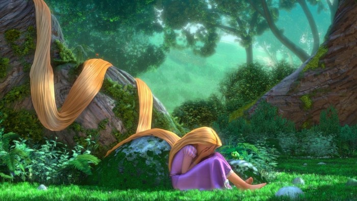 Rapunzel from Tangled sitting in a forest