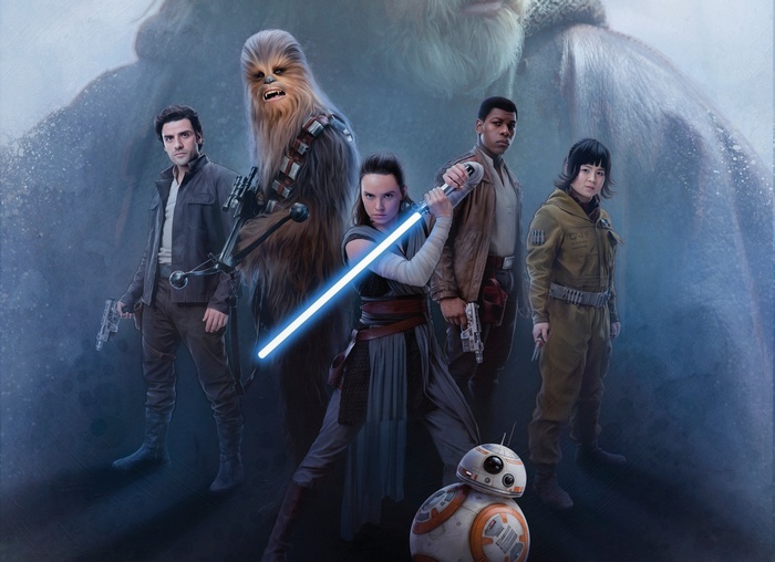 Rey, Finn, Poe Dameron, Chewbacca, Rose Tico, and BB-8 from Star Wars: The Last Jedi