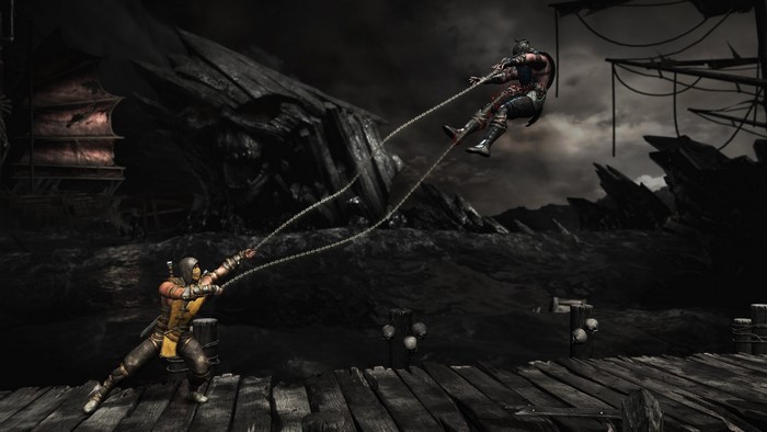 Scorpion and Sub-Zero fighting on a Mortal Kombat X stage