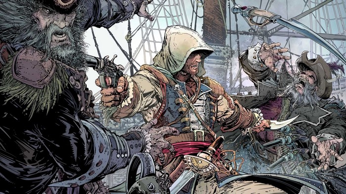 Edward Kenway and pirates fighting on a ship
