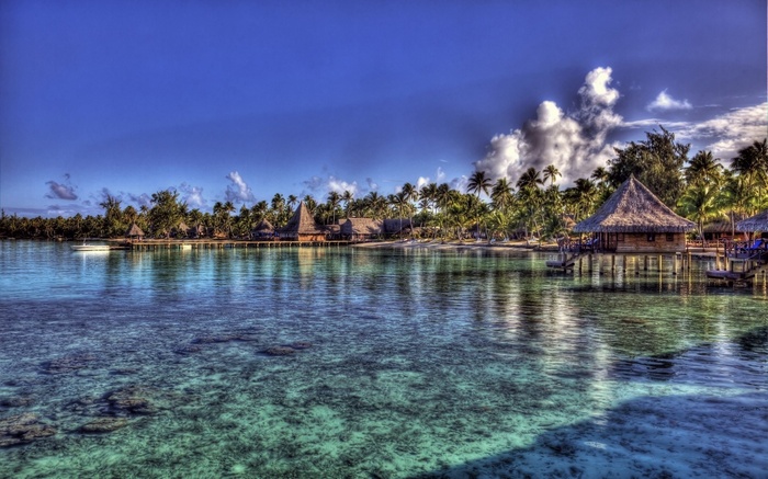 Overwater bungalows on a tropical island with clear turquoise water