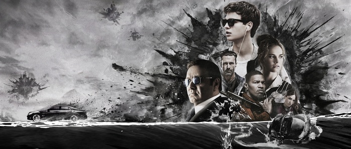 Baby Driver 2017 movie poster with Ansel Elgort, Jamie Foxx, Kevin Spacey, Jon Hamm, Lily James, Eiza González