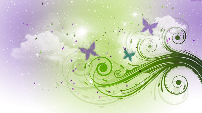 Purple and green butterflies with floral swirls