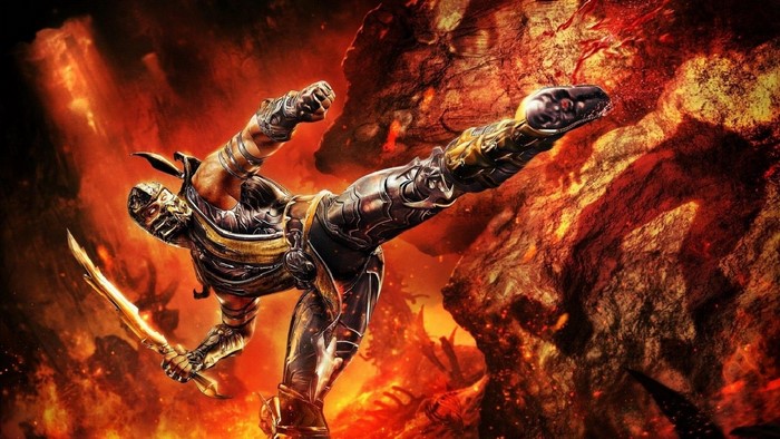 Scorpion from Mortal Kombat performing a kick