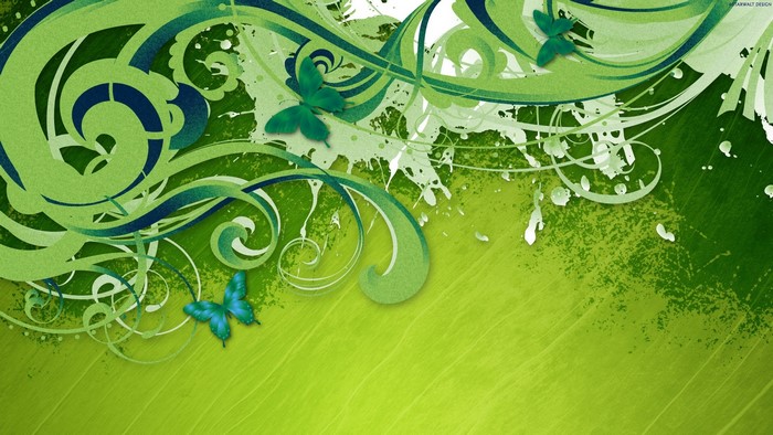 Green abstract swirls and butterflies