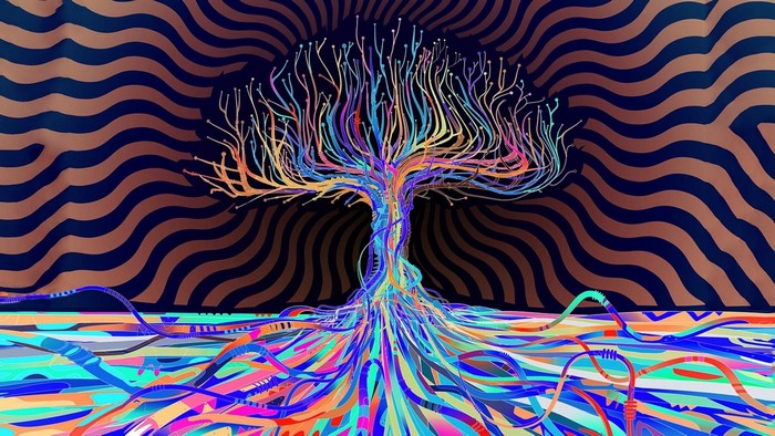 Psychedelic Abstract Tree with Colorful Roots