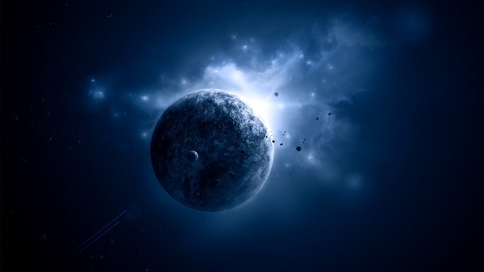 Planet and asteroids in space