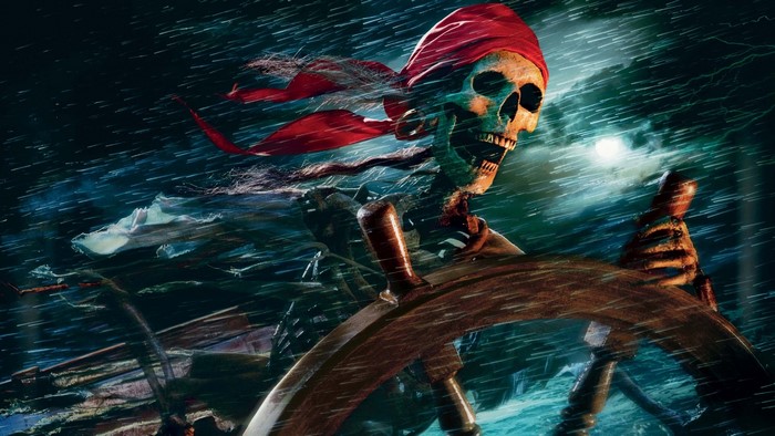 Pirate Skeleton at the Helm in a Storm