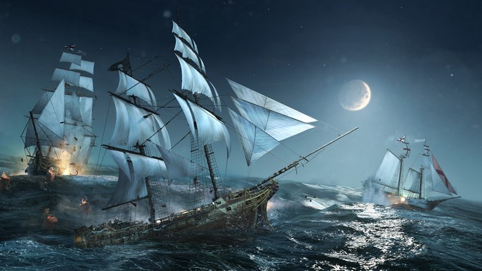 Pirate ships battling on the ocean at night