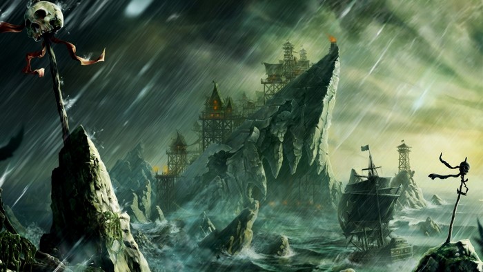 Pirate fortress on a rocky island during a storm
