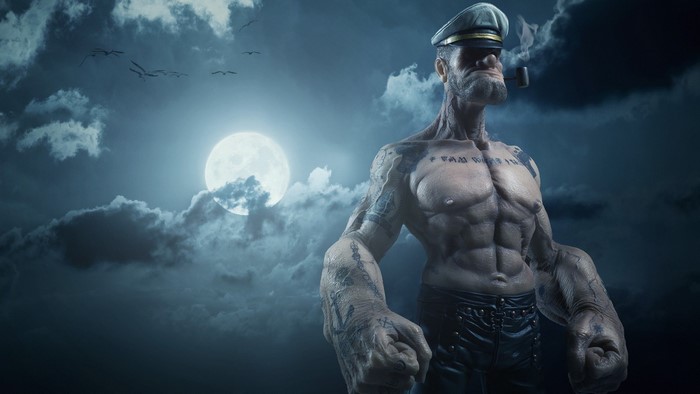 Popeye smoking pipe under the moon
